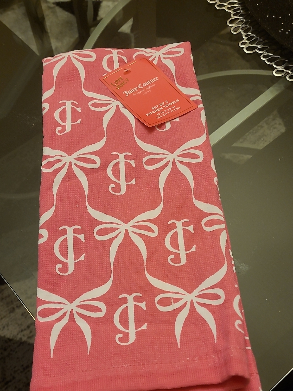 Juicy Couture Pink and White Bow Logo Kitchen Towels - Set of 2